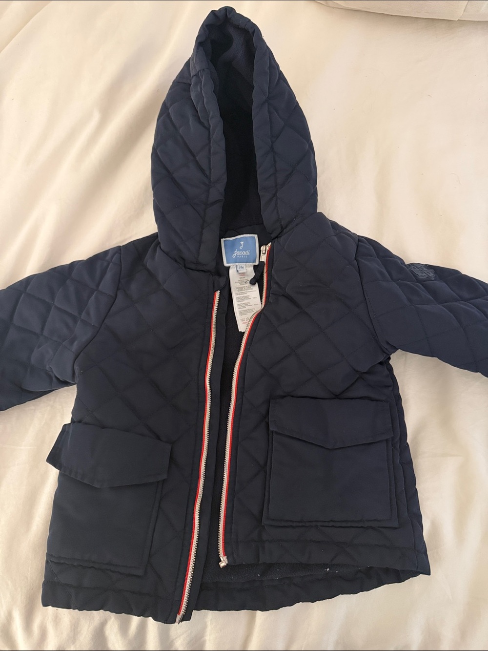 Jacadi Navy Quilted Hooded Puffer with Red-Trim Zipper